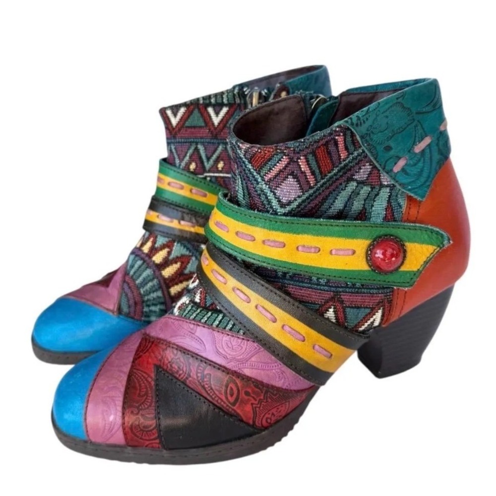 Socofy Women's Leather Artsy Vibrant Patchwork Ankle Retro Booties- 41 & 10/10.5
